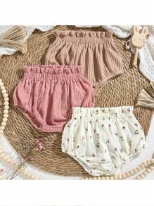 Loomiva 3pcs/Set Baby Girl Elastic Waist Ruffle Hem Shorts Set - Pink - View 5