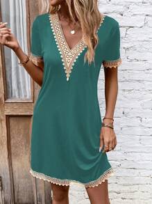 SHEIN LUNE V-Neck Lace Patchwork Contrast Color Casual Short Sleeve Dress - Green - View 5