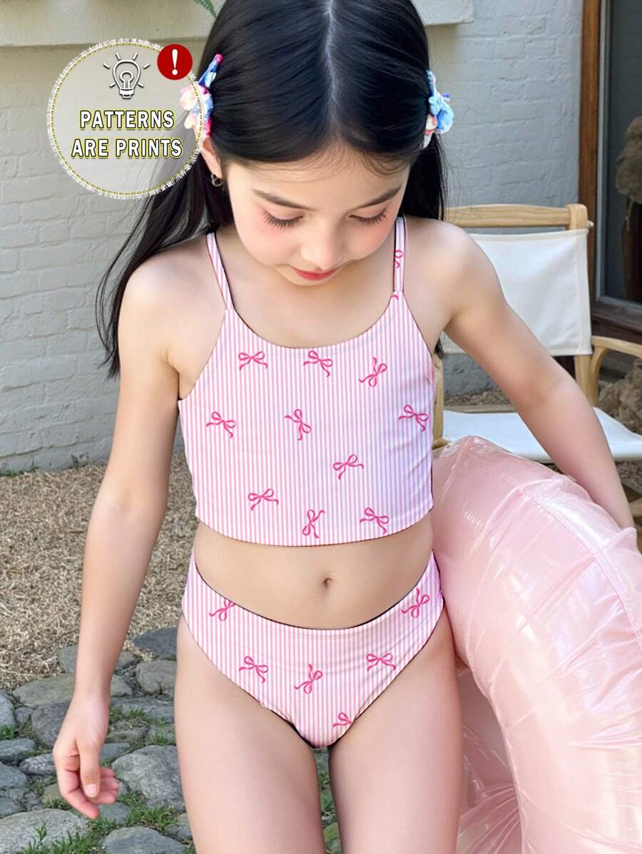 SHEIN Leap Crew Sweet Pink Bow Stripe Print Young Girls Casual Minimalist Fitted Camisole & Bikini Swimwear Set, Suitable For Summer - Multicolor - View 1