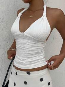 Sunnyshic Women's Summer Vacation Ribbed Knit Ruched Bowknot Neck Camisole