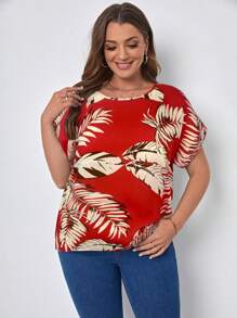 SHEIN LUNE 大码女式热带植物印花圆领短袖休闲衬衫 - 紅色 - 查看 3