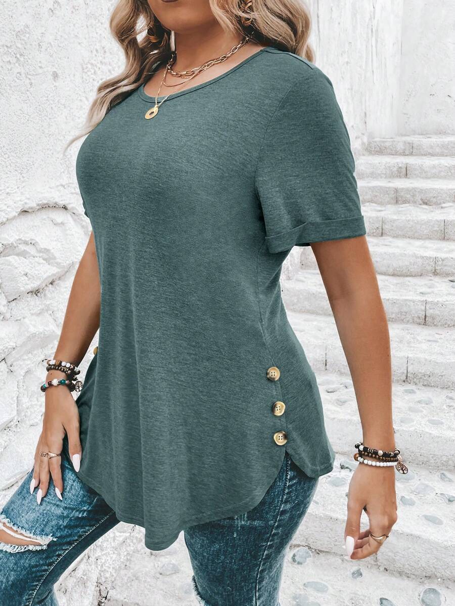 SHEIN Clasi Plus Size Vegetable Market Print Round Neck T-Shirt, Minimalist Fashion Style Suitable For Summer - Olive Green - View 1