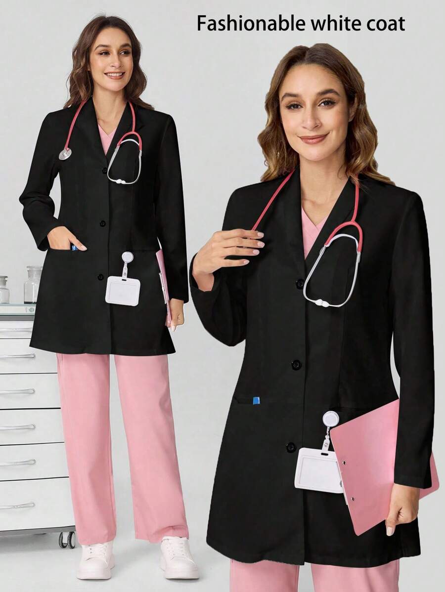SHEIN TaskFit Women Single-Breasted Long Sleeve Casual Lab Jacket Professional Women Professional Work Office Lab Coat