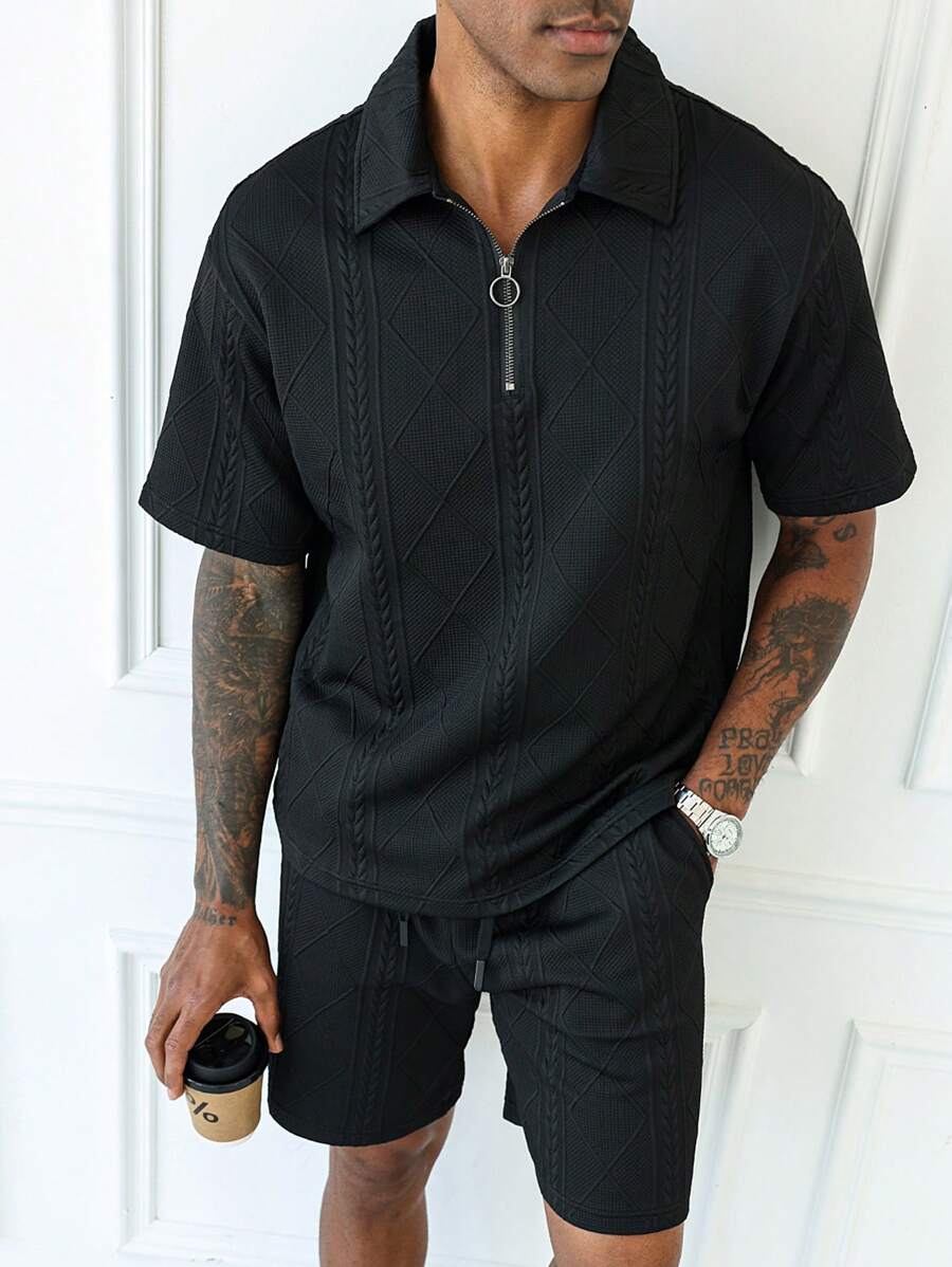 Manfinity Homme Men's Solid Color Short Sleeve Zipper Polo Shirt And Shorts Casual Suit