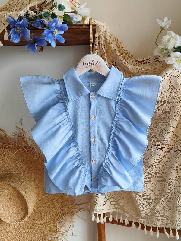 Vintaside Kids Camicetta casual senza maniche con collo tondo, in tessuto intrecciato, con bottoni e volant all'orlo, per ragazze pre-adolescenti, vestibilità morbida, versatile, adatta per uso all'aperto e casual, primavera