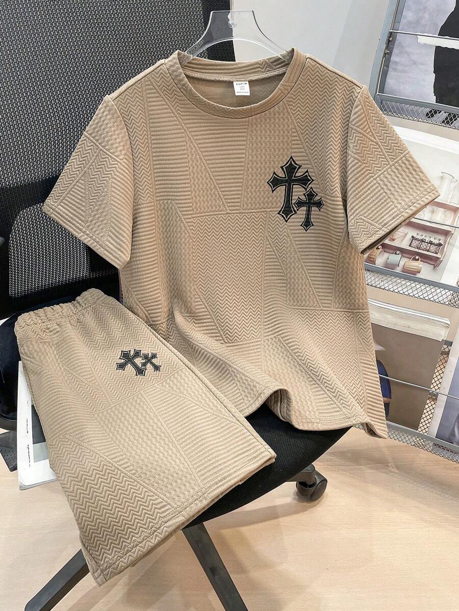 2pcs Tween Boys Casual Versatile Textured Mesh Fabric Round Neck Shorts Set, Suitable For Commuting, School, Daily Casual Wear, Sports, Spring/Summer - Khaki - View 1