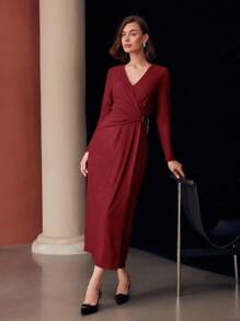 MOTF PREMIUM VESTIDO COM DETALHE DE ANEL PLISSADO DOBRADO - Borgonha - Ver 7
