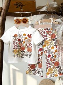 SHEIN Vintage Pressed Flower Sets, Boho Wildflowers, Plant Sets, Vintage Botanical Sets, Pastel Floral Nature Sets, Garden Lover Gift, Baby Girls' Casual Minimalist Short Sleeve Round Neck Top And Pants Set, Suitable For Spring/Summer