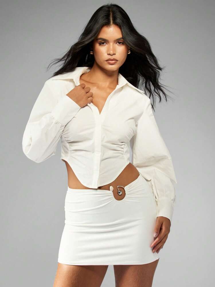 MISSGUIDED Camicetta con maniche lunghe, vita arricciata, corta, da ufficio, abbottonata, con colletto, adatta per primavera e autunno, per l'ambiente di lavoro