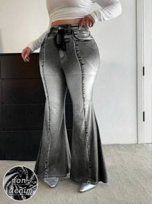 POPSWAY Plus Size Women Summer Elastic Waist Knit Digital Print Jeggings - Black - View 3