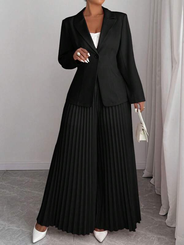 Elenzga Plus Size Solid Color Long Sleeve Striped Pleated Pants Suit Set Graduation,Back To School,Teacher Outfits For Women
