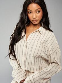 MISSGUIDED 条纹纽扣衬衫和短裤套装家居服休闲夏季海滩度假两件套长袖套装 - 杏色 - 查看 4