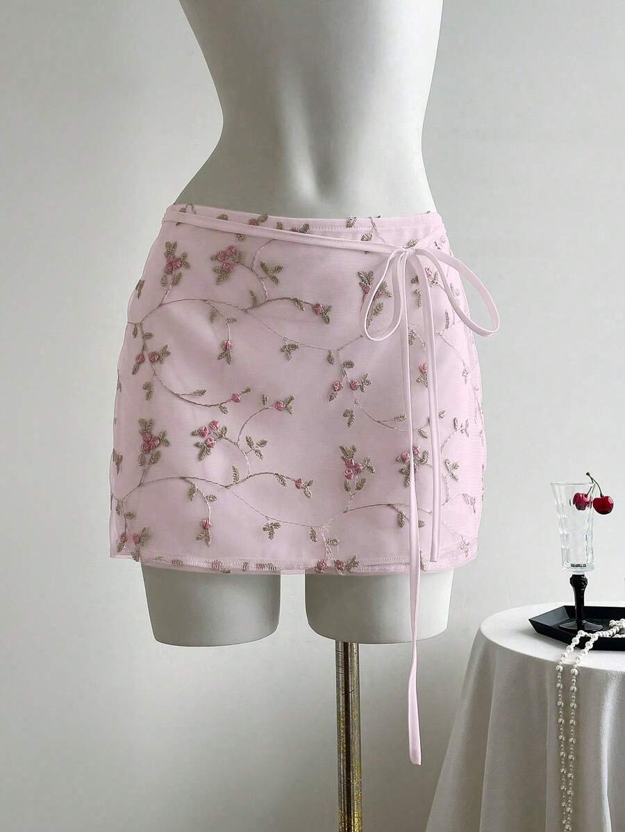 Elamini Women Sexy Embroidered Mesh Mini Skirt - Pink - View 1