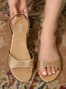 CUCCOO TILAWA Women's Vacation Rhinestone Embellished Flat Sandals, Fashionable For Daily Outings - Champagne - View 1