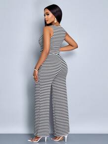 SOLERSUN Women Striped Striped Sleeveless V-Neck Front Button Vest And Pants Set - Black and White - View 2
