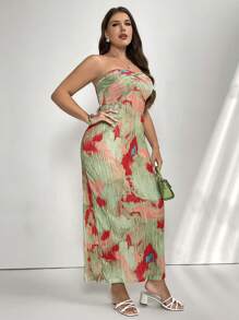 大码女式优雅度假海滩休闲/浪漫抹胸扭纹连衣裙，宽松版型，褶皱渐变色随机花卉印花，春夏 - 薄荷綠 - 查看 3