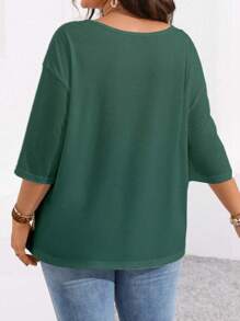 SHEIN LUNE 大码女式纯色圆领落肩休闲宽松 T 恤 - 墨綠色 - 查看 3