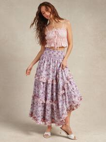 WESTFADE Spring Mixed Ditsy Floral Prints Smocked Waist Lace Crochet Trim Ruffle Tiered Maxi Skirt Summer Beach Vacation - Multicolor - View 1