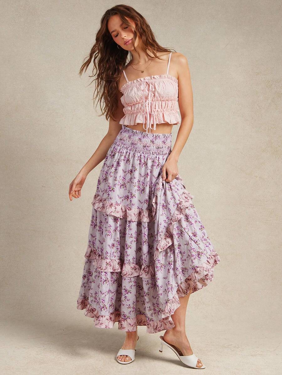WESTFADE Spring Mixed Ditsy Floral Prints Smocked Waist Lace Crochet Trim Ruffle Tiered Maxi Skirt Summer Beach Vacation - Multicolor - View 1