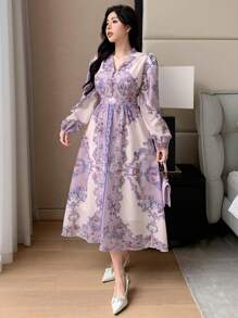 DAZY Vestido elegante midi con mangas abullonadas y abotonado para mujeres con estampado floral