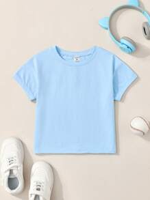 SHEIN Young Girls Short Sleeve Crew Neck Knitted Top Tee, Creative Patchwork Design, Loose Casual Comfortable Cute Solid Color Simple Sports T-Shirt, Summer Daily Versatile Wear - Cadet Blue - View 2