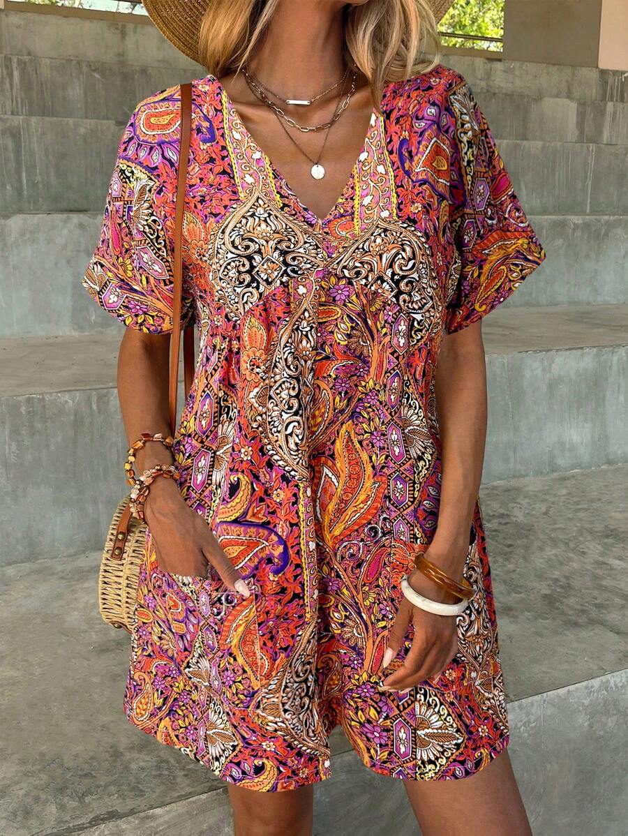 SHEIN LUNE Country Concert Outfit Western Wear Women Vacation Outfits Woman Women's Paisley Print Holiday Dress, Spring Boho Floral Women Clothing Summer Outfits For Women Beach Outfits For Woman Boho Women's Clothing Boho Outfits Women Boho Summer Dress Women Dresses Boho - Red - View 1