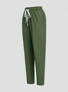 TaskEZ Uniform Set: V-Neck Short Sleeve Tailored Blouse And Drawstring Straight Leg Casual Pants - Olive Green - View 4