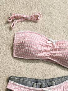SHEIN Swim 2pcs Pink And White Grid Pattern Special Fabric Strapless Bikini With Bow And Lace Trim Set, Women Swimwear For Spring For Summer Beach Vacation - Pink - View 3