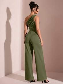SHEIN BAE Summer Beach Vacation Elegant Solid Black Asymmetrical Collar Off-Shoulder One-Shoulder Jumpsuit, Suitable For Daily Dating, Night Out, Nightclubs, Parties, Get-Togethers, Cocktail Parties, Pool Parties, Office Wear, Commuter Jumpsuits, Holiday Jumpsuits - Army Green - View 2