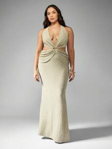 MISSGUIDED MISSGUIDED PLUS Plus Size Cut Out Maxi Evening Gown Elegant Halter Neck Twisted Front Wedding Guest Special Occasion Long Floor Length Glamorous Party Dress