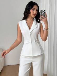 Firerie Áo khoác blazer mỏng thanh lịch hàng ngày cho nữ, màu trắng, không tay, cổ chữ V, có khóa thắt lưng - trắng - Xem 1
