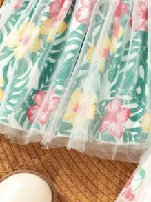 SHEIN Baby Girl Vacation Casual All-Over Print Mesh Patchwork Dress - Multicolor - View 5