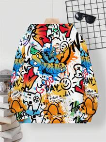 SHEIN Tween Boy Casual Loose Fit Graphic Print Pullover Hoodie Sweatshirt, Minimalist Style For Autumn/Winter