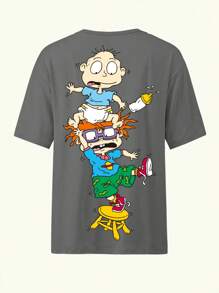 Nick 90s | SHEIN Women Casual Cute Cartoon Graphic Short Sleeve Grey Oversized T-Shirt, Summer Tee - Grey - View 6