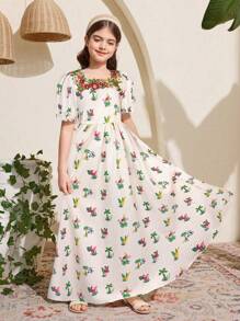 SHEIN Tween 女童节日优雅方领蕾丝边泡泡袖 A 字中长连衣裙