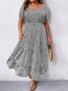 Breezaya Plus Size Women's Floral Print Square Neckline Summer Dress With Cinched Waist Maxi Women Outfit