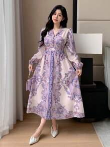 DAZY Vestido elegante midi con mangas abullonadas y abotonado para mujeres con estampado floral