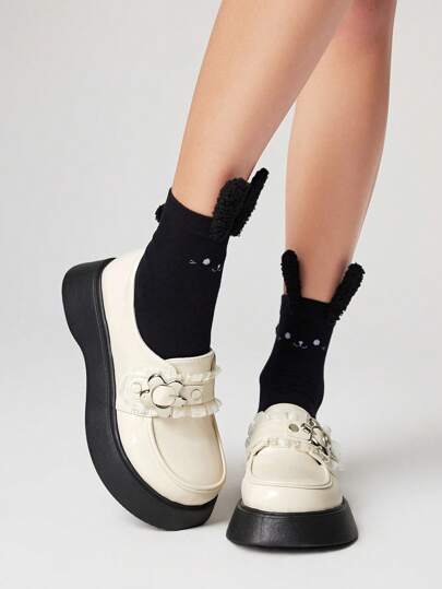 Kawaii Women's White Mary Jane Loafers, Closed Toe, Bow Decor, Lolita Style Lace Up Platform Shoes, Japanese JK Uniform Shoes, Wedge Heels