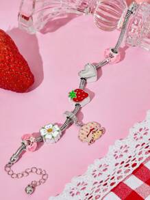 Strawberry Shortcake X SHEIN Silver Alloy Pendant Bracelet With Flower, Heart, Cute Designs, Suitable For Daily Wear,Gift Ideas,Valentine's Day, Summer / Spring ,Beach, Vacation - Multicolor - View 3