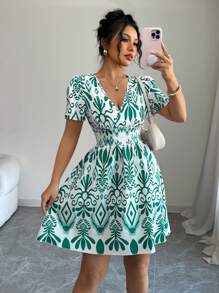 Elenzga Đầm ôm body mini in họa tiết xếp ly dành cho nữ - màu xanh lá - Xem 6
