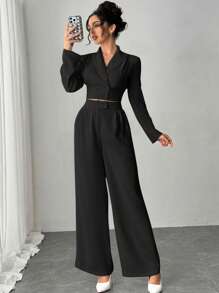 Firerie 2pcs Women Office Commuting Outfit Set: Long Sleeve Collared Shirt + Straight Leg Pants - Black - View 6