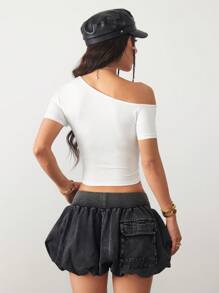 Coolane Blusa blanca de punto ajustada con cuello asimétrico, estilo lindo Y2K, para mujer