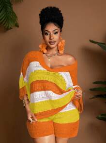 Maweii Plus Size Women Multicolor V-Neck Hollow-Out Beach Holiday Elegant 2 Pieces Set Winter Fall Autumn