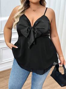 SHEIN CURVE+ Top camiseta con lazo, talla grande, simple y de moda, apropiado para el verano