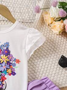 SHEIN 2 Stücke/Set, Cartoon-Muster Rundhals Kurzarm Top und weit geschnittene Plissee-Hose für Kleine Mädchen, lässiger Outfit