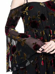 ROMWE Goth Vestido corto con mangas acampanadas, bajo asimétrico y transparente con estampado floral, estilo gótico para novia, primavera