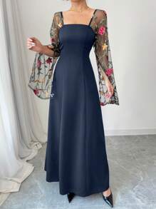 Elenzga Abito lungo attilliato da donna con vita aderente, patchwork in rete e ricamo a rose senza spalline