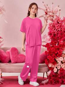 2pcs Teen Girl Basic Black Short Sleeve Top And Pants Set - Hot Pink - View 3