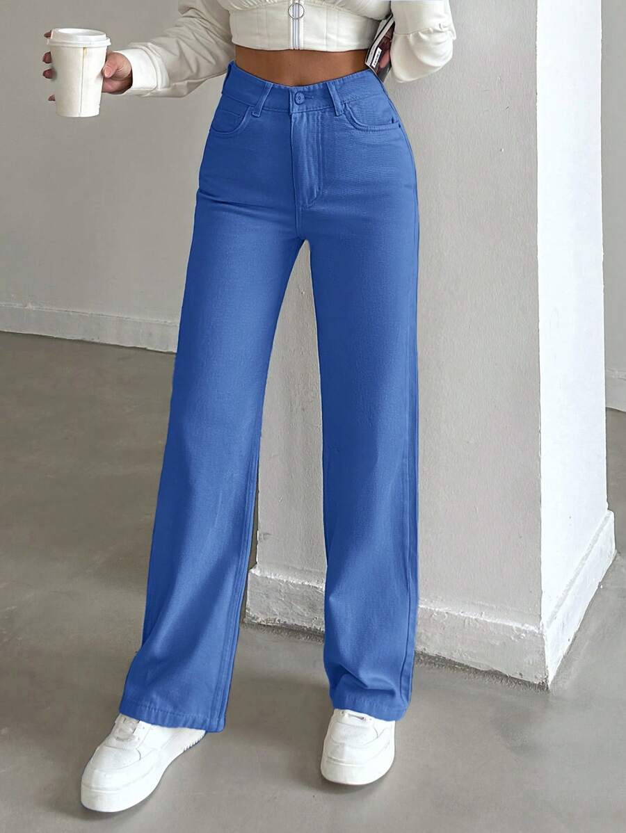 SHEIN Cottnline 100%Cotton HIGH RISE BEIGE WIDE LEG PETITE SIZE JEAN - Medium Wash - View 1