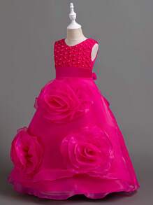 SHEIN Children's Formal Dress Tulle Skirt Flower Girl Wedding Dress Piano Performance Recital Costume - Hot Pink - View 5